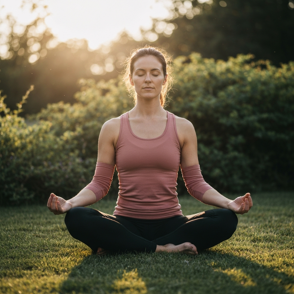 A person sitting in a meditation pose outdoors, surrounded by lush greenery. The lighting is soft and natural, emphasizing the peaceful atmosphere and the person's serene expression.