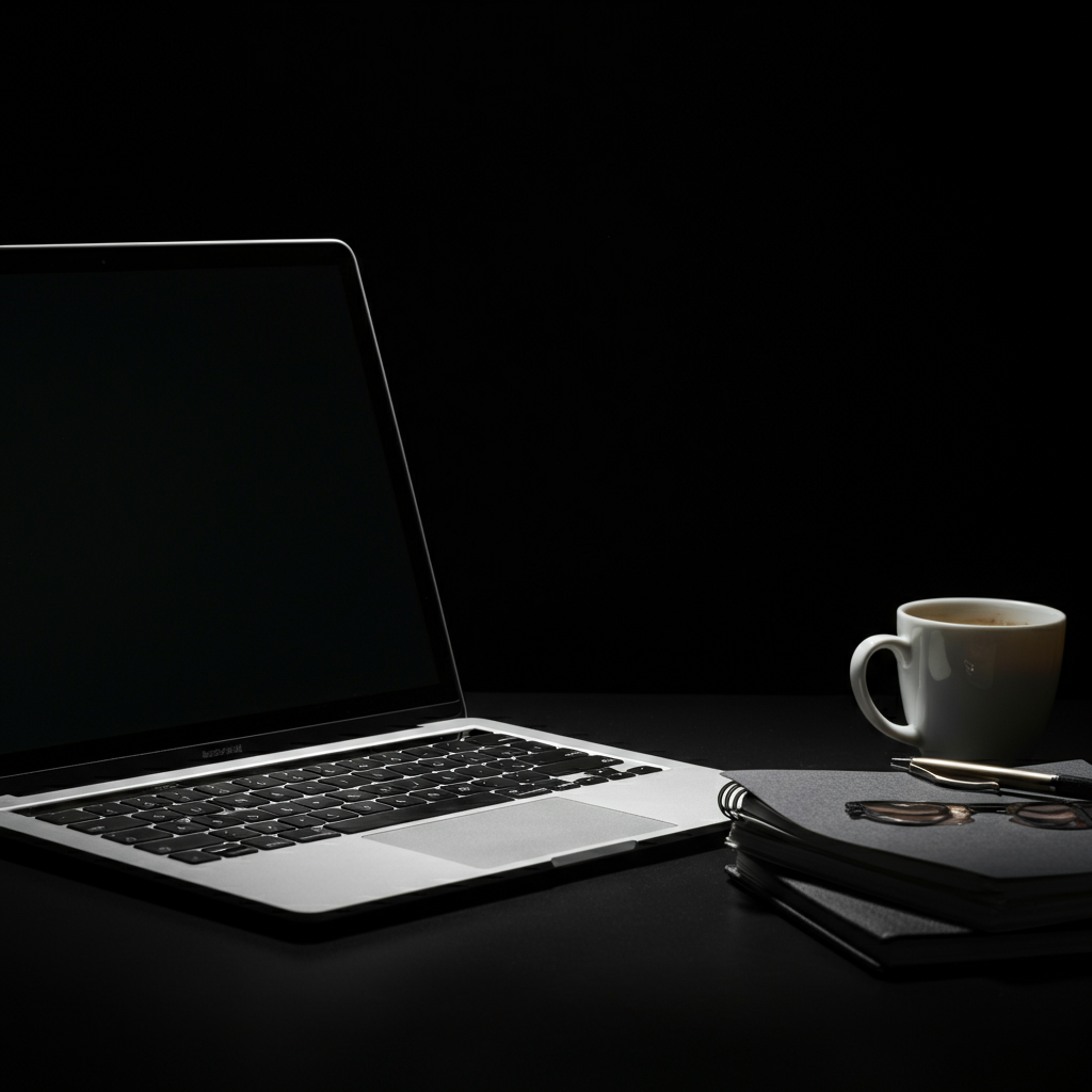 A well-organized workspace with a laptop, notebooks, and a cup of coffee. The lighting is bright and focused, conveying a sense of productivity and determination. The objects on the desk are arranged neatly, suggesting a focused and organized approach to work.