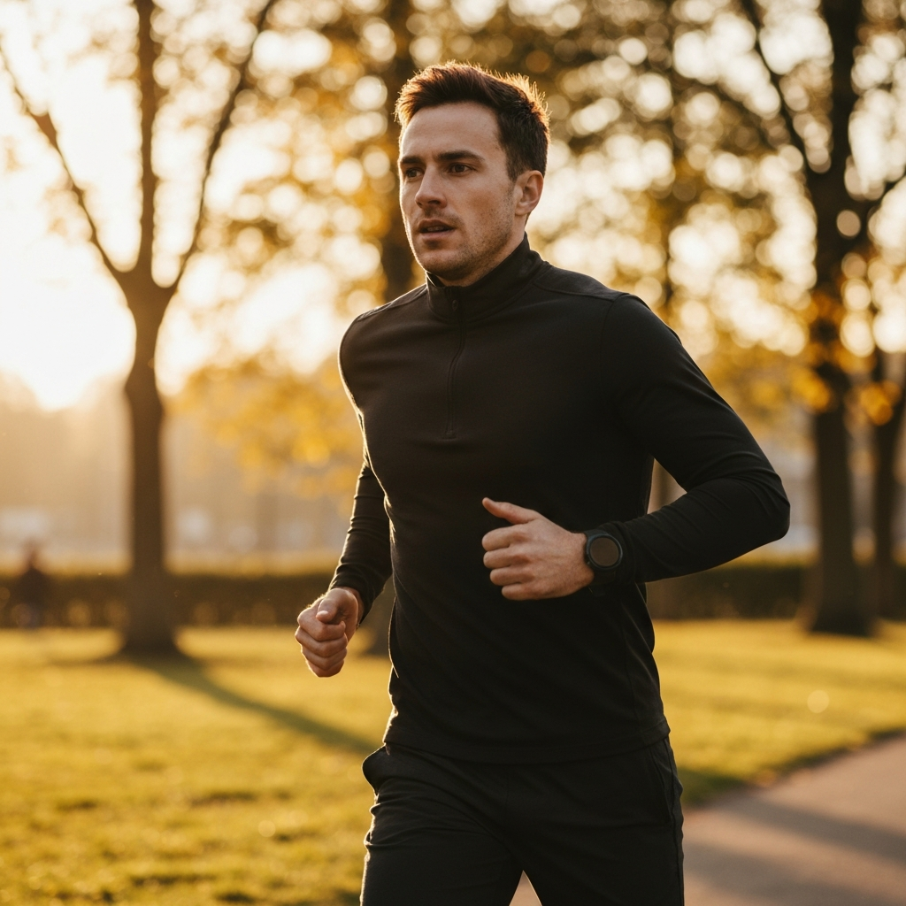 A man jogging outdoors in a park, bathed in golden hour lighting. The shot focuses on his determined expression and the motion of his body, conveying a sense of energy and vitality.