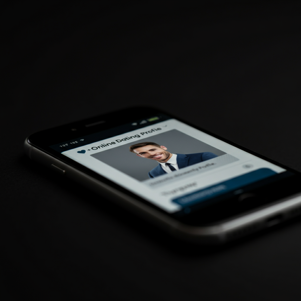 A close-up shot of a smartphone screen displaying a well-crafted online dating profile. The focus is on the positive and engaging text, as well as a clear and friendly profile picture.