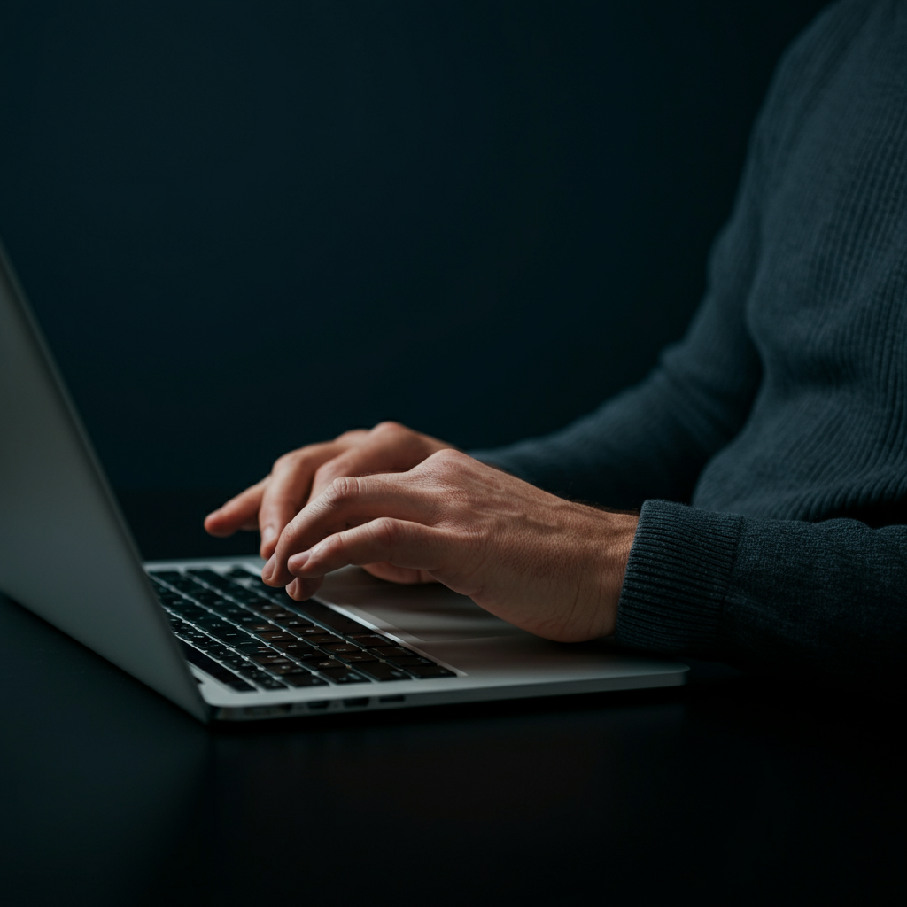 A medium shot of a person's hands typing a message on a laptop. The screen is blurred, but the focus is on the deliberate and thoughtful movements of their fingers, suggesting care and attention to detail.