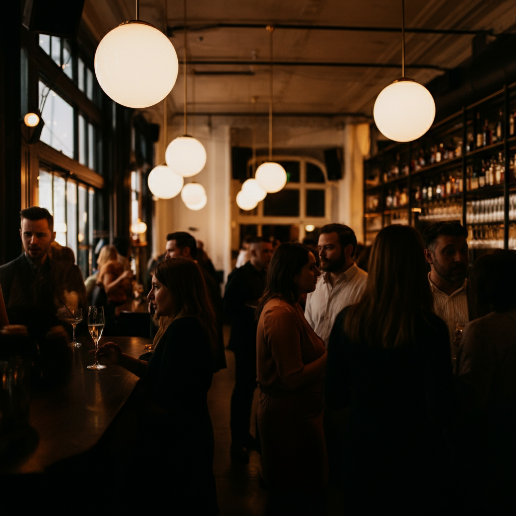 A wide shot of a lively bar or social gathering. The scene is slightly blurred, conveying a sense of energy and movement, with people engaging in conversations and enjoying themselves.