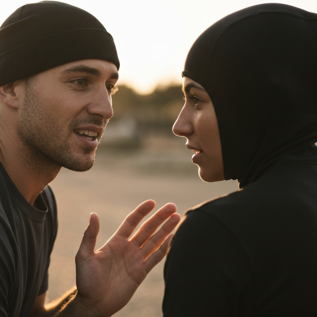 A close-up shot of two people engaging in a natural and engaging conversation. The lighting is soft and flattering, and the focus is on their facial expressions and body language, conveying a sense of connection and understanding.