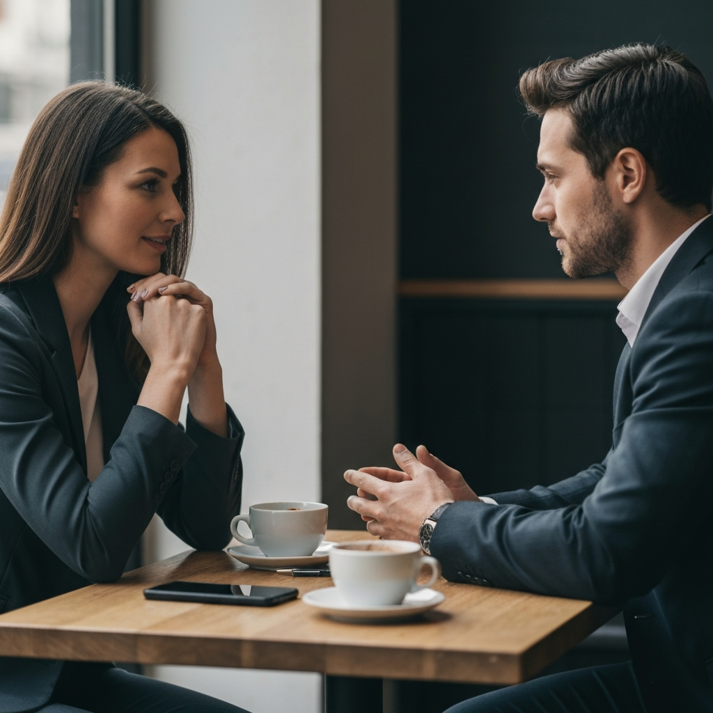 Two people sitting at a coffee shop table, engaging in a thoughtful conversation. The focus is on their eye contact and active listening, conveying a sense of mutual respect and understanding.