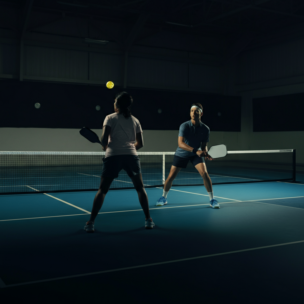 A brightly lit indoor pickleball court. Two players stand near the baseline, one preparing to hit a soft, arcing shot over the net. Soft bokeh in the background.