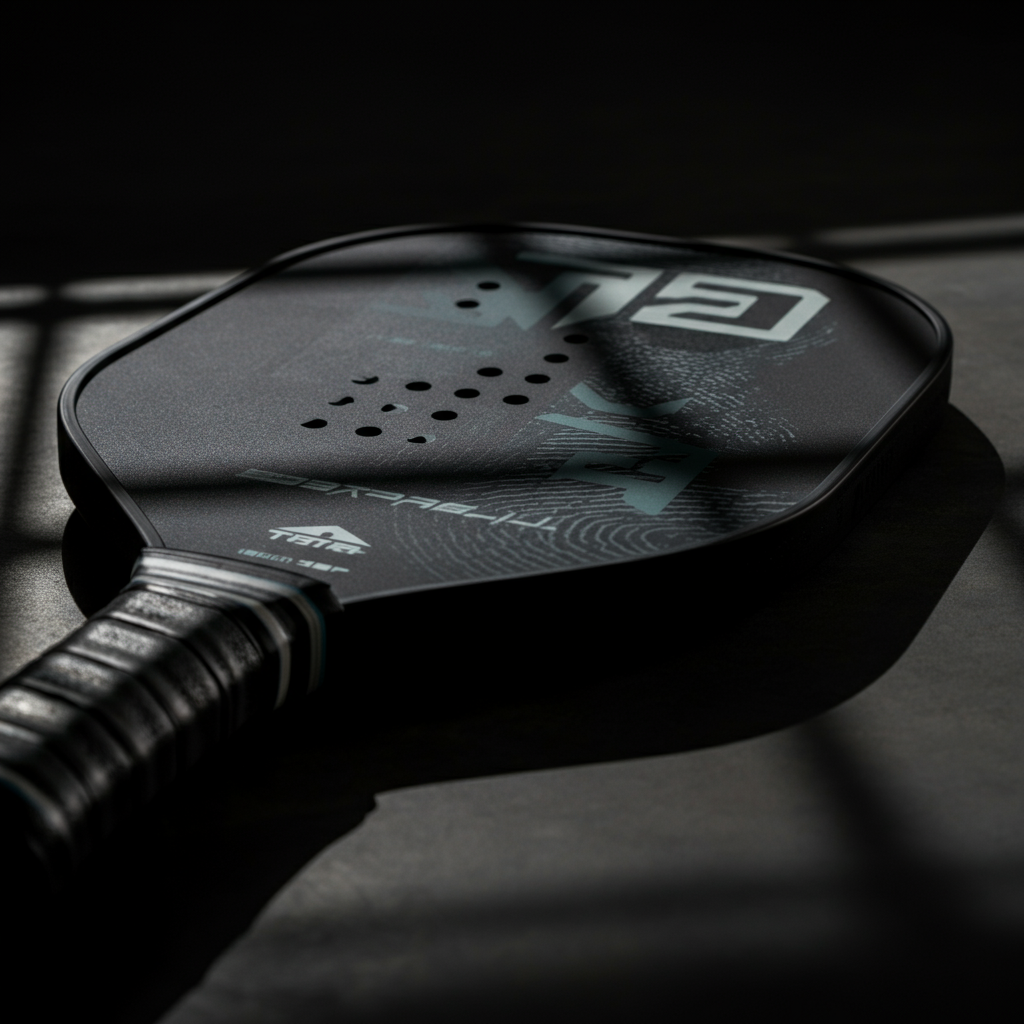 Close-up of a pickleball paddle, showing the texture of the grip and the striking surface. Natural light highlights the paddle's details.