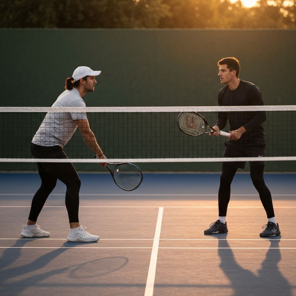 Two players facing each other across the net, engaged in a dinking rally. Focused expressions, natural body language.