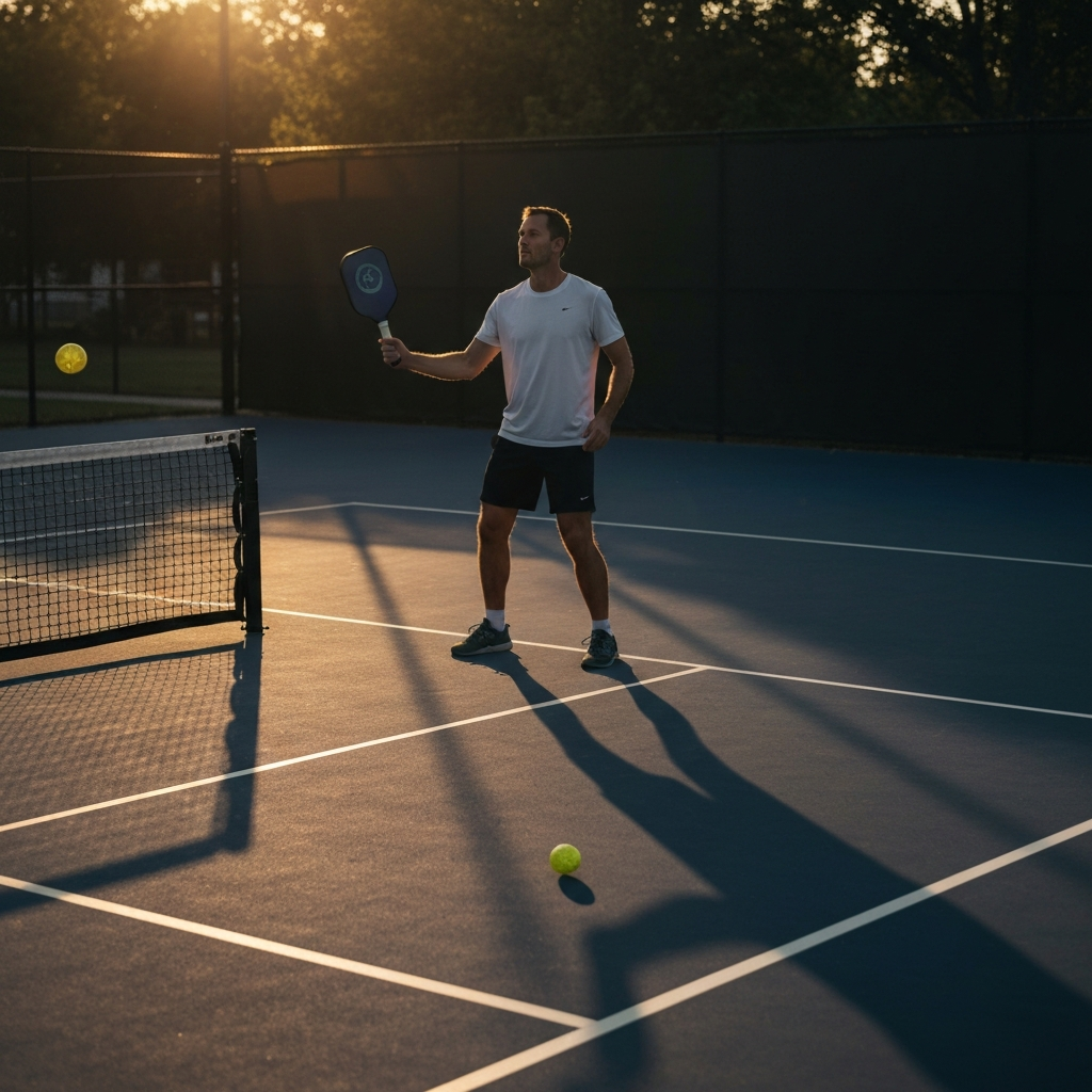 A player serving a pickleball on an outdoor court during golden hour lighting. Long shadows stretch across the court.