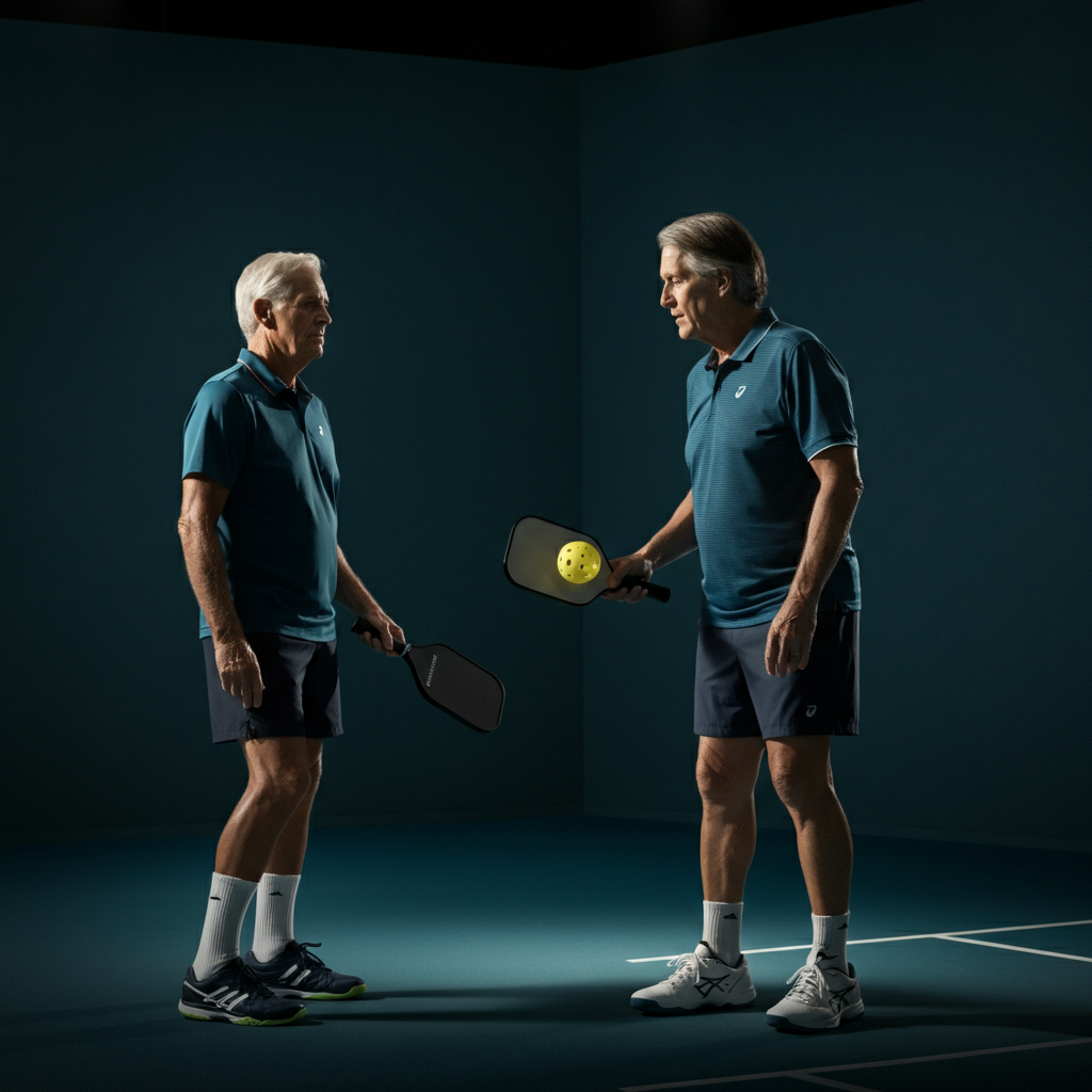 Two pickleball partners conferring briefly between points, their faces showing focused determination. Soft, diffused light.