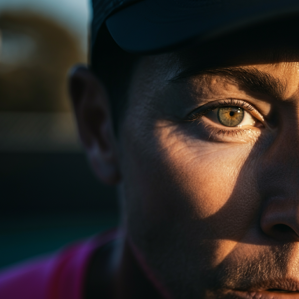 Close-up of a player's eyes, focused intently on the action on the pickleball court. Shallow depth of field, emphasizing the intensity of their gaze.