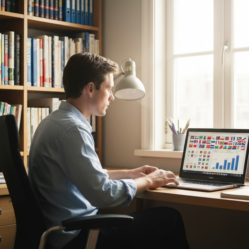 A brightly lit home office, with a person sitting at a desk. Soft daylight streams through a window, illuminating the person's face as they look intently at a laptop screen displaying various country flags and data charts. Bookshelves are filled with travel guides and language dictionaries. The room is tidy and well-organized.