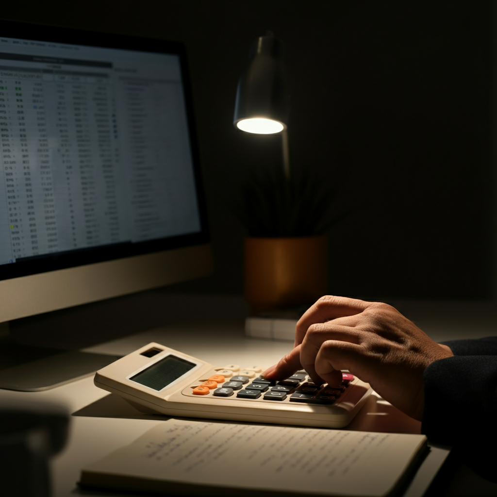 A close-up shot of a hand using a calculator, illuminated by a warm desk lamp. Spreadsheets are visible on a nearby computer screen, filled with numbers and financial projections. A notebook lies open on the desk, with handwritten notes about budgeting and expense tracking. The atmosphere is focused and detail-oriented.