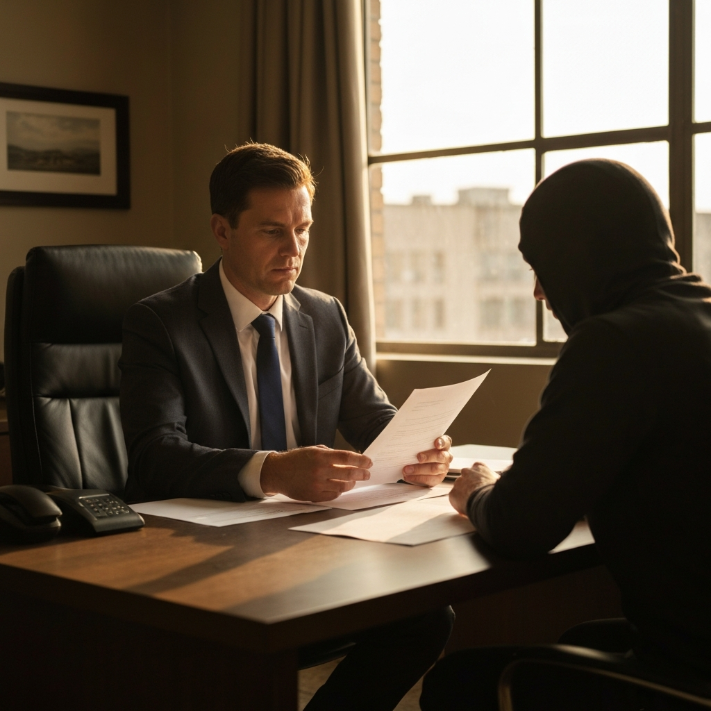 A well-dressed individual sitting across a desk from a government official in a professional office setting. Natural light filters through the window, highlighting the official reviewing documents with a serious expression. The scene conveys a sense of formal procedure and careful attention to detail.