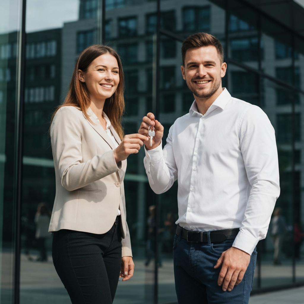 A young professional couple standing outside a modern apartment building in a bustling city. They are smiling and holding keys, with sunlight reflecting off the glass windows of the building. The scene conveys a sense of optimism and excitement about their new home.