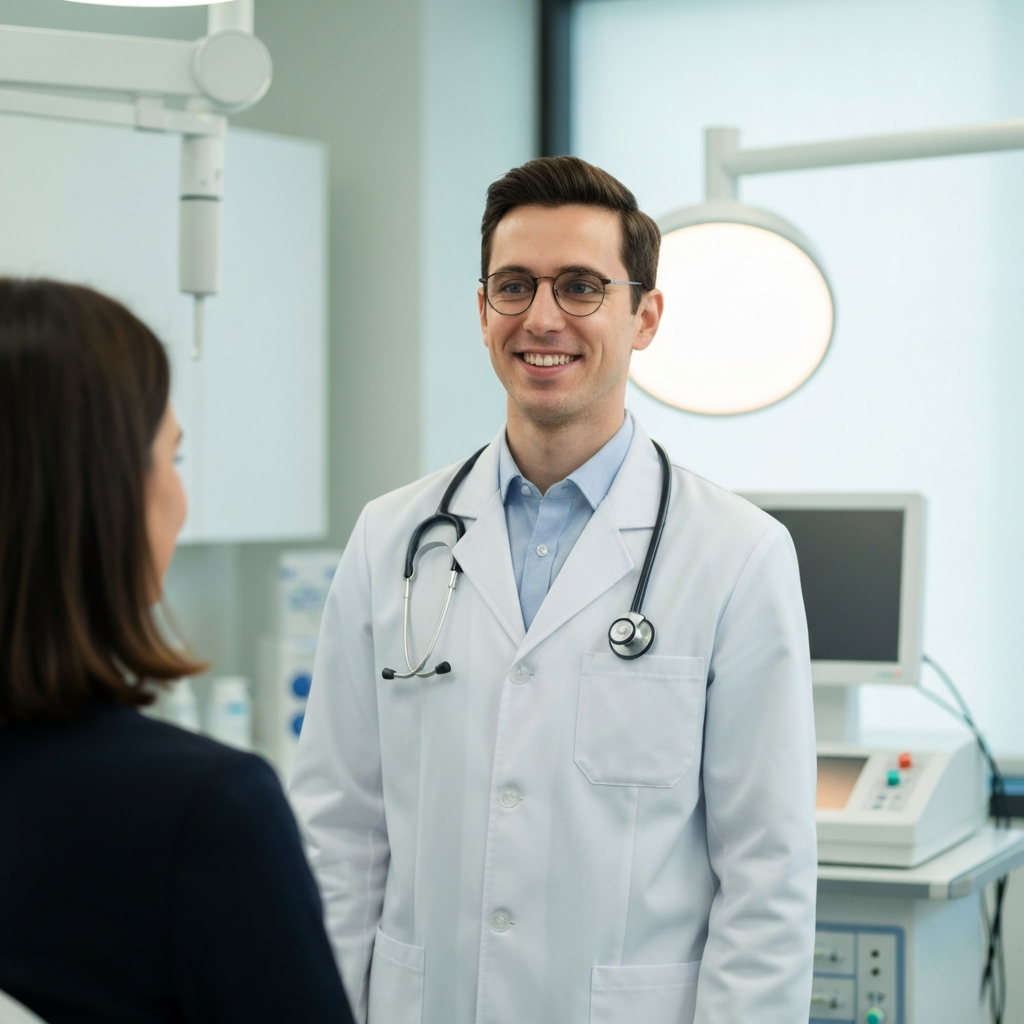 A doctor, in a clean white coat, smiling warmly at a patient in a modern, light-filled clinic. Medical equipment is visible in the background, along with soft, diffused lighting. The scene portrays a sense of trust and professional care.