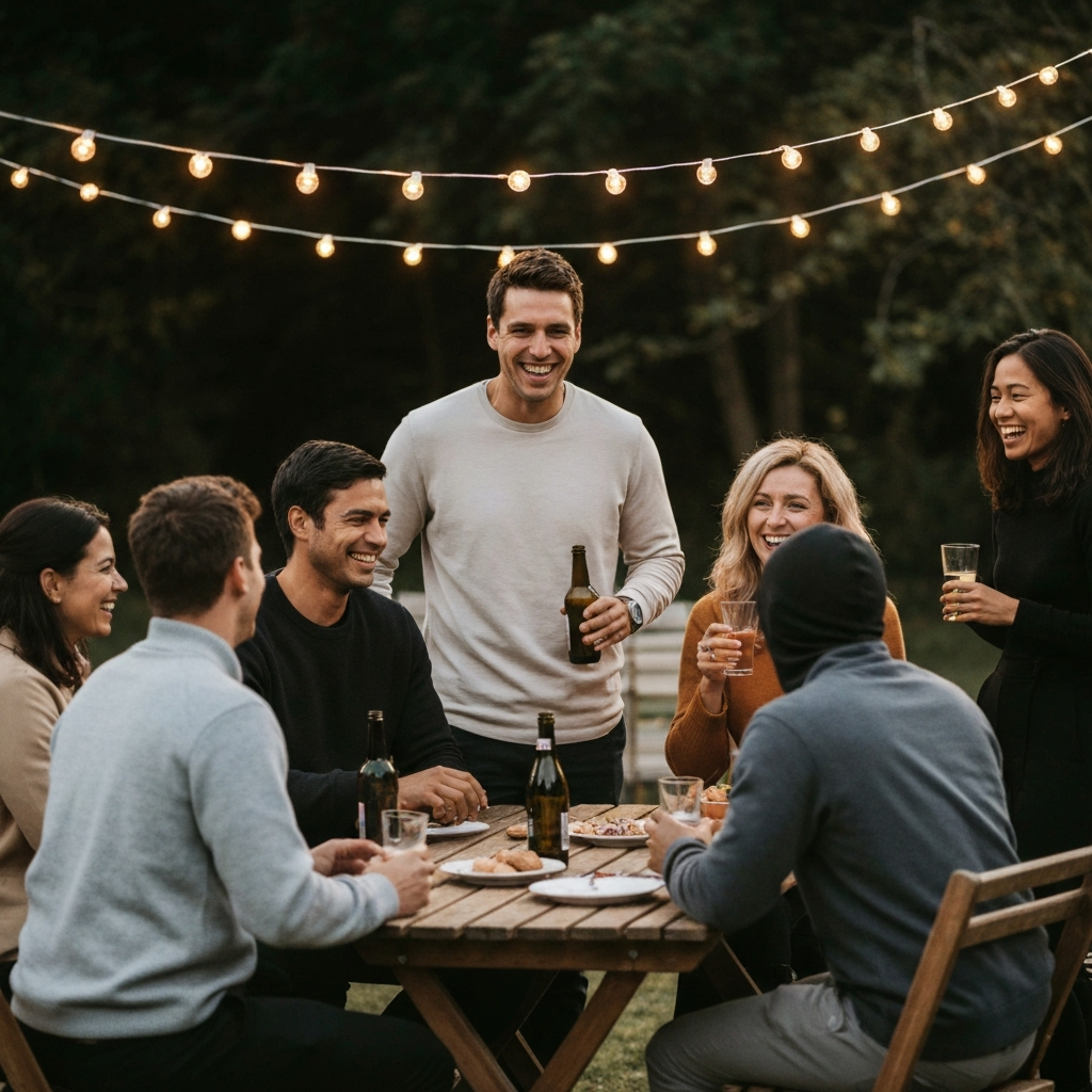 A group of people from various backgrounds laughing and chatting at a casual outdoor gathering. Fairy lights are strung overhead, creating a warm and festive ambiance. Food and drinks are shared, and the atmosphere is relaxed and welcoming.