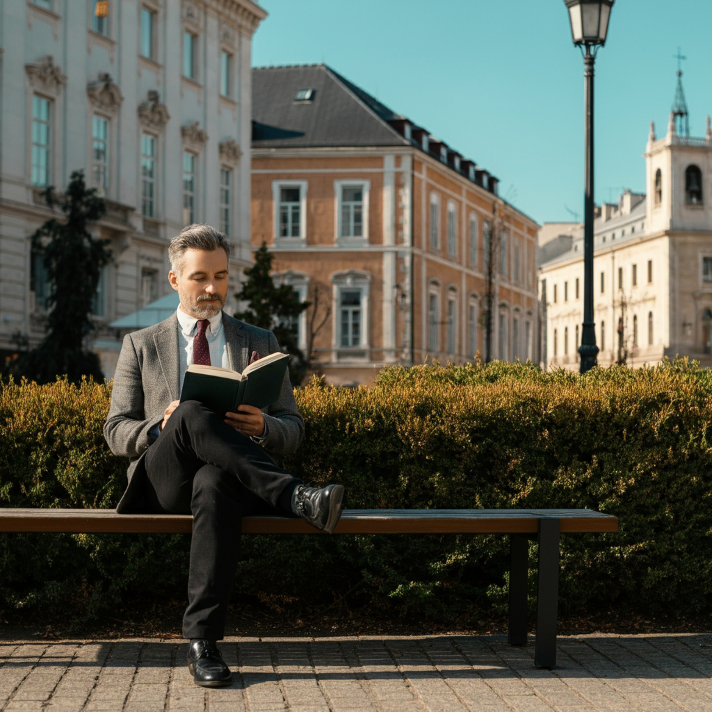 A person sitting on a park bench in a foreign city, reading a book and enjoying the sunshine. Buildings and local landmarks are visible in the background, creating a sense of place. The person looks relaxed and content, with a peaceful expression on their face.