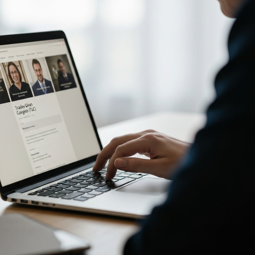 A close-up shot of a hand using a laptop to browse the Trades Union Congress (TUC) website. Soft, diffused light illuminates the screen and hand, highlighting the detail of the website layout and the user's focused attention. The background is blurred with a shallow depth of field, creating a sense of intimacy and focus.