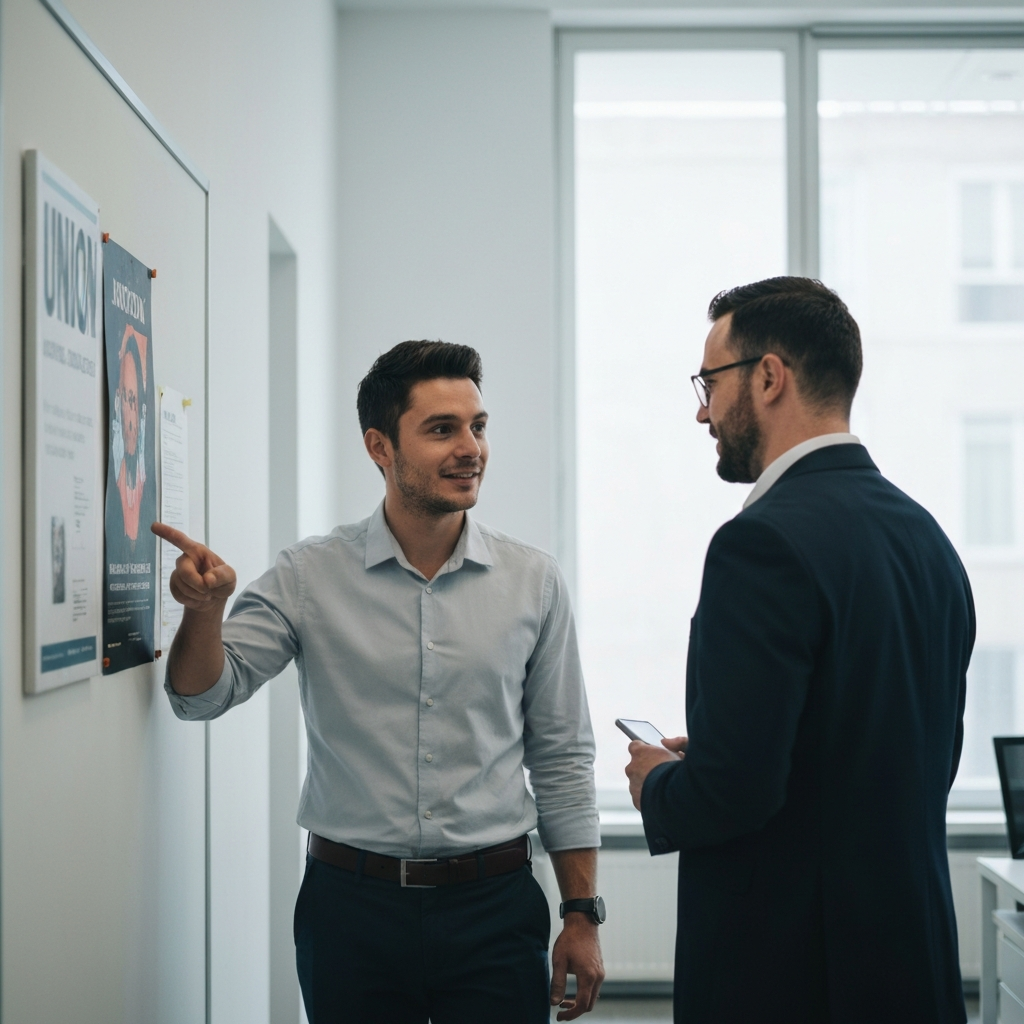 A medium shot of two colleagues having a conversation in a bright, modern office. One colleague is pointing to a union poster on a notice board in the background. The light is naturally diffused, highlighting the friendly interaction and collaboration between the workers. The colors are muted and professional.