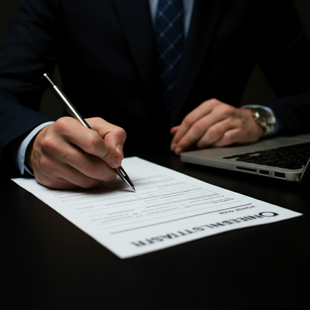 A close-up shot of a hand filling out a union membership application form on a desk. The form is partially visible, showing sections for personal information and employment details. The lighting is bright and even, highlighting the clean lines of the form and the deliberate action of completing it.
