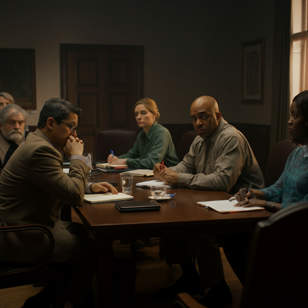 A medium shot of a union meeting in progress. Several people are seated around a table, engaged in a discussion. Some are taking notes, while others are actively speaking. The room is well-lit and professional, indicating a serious and productive atmosphere.