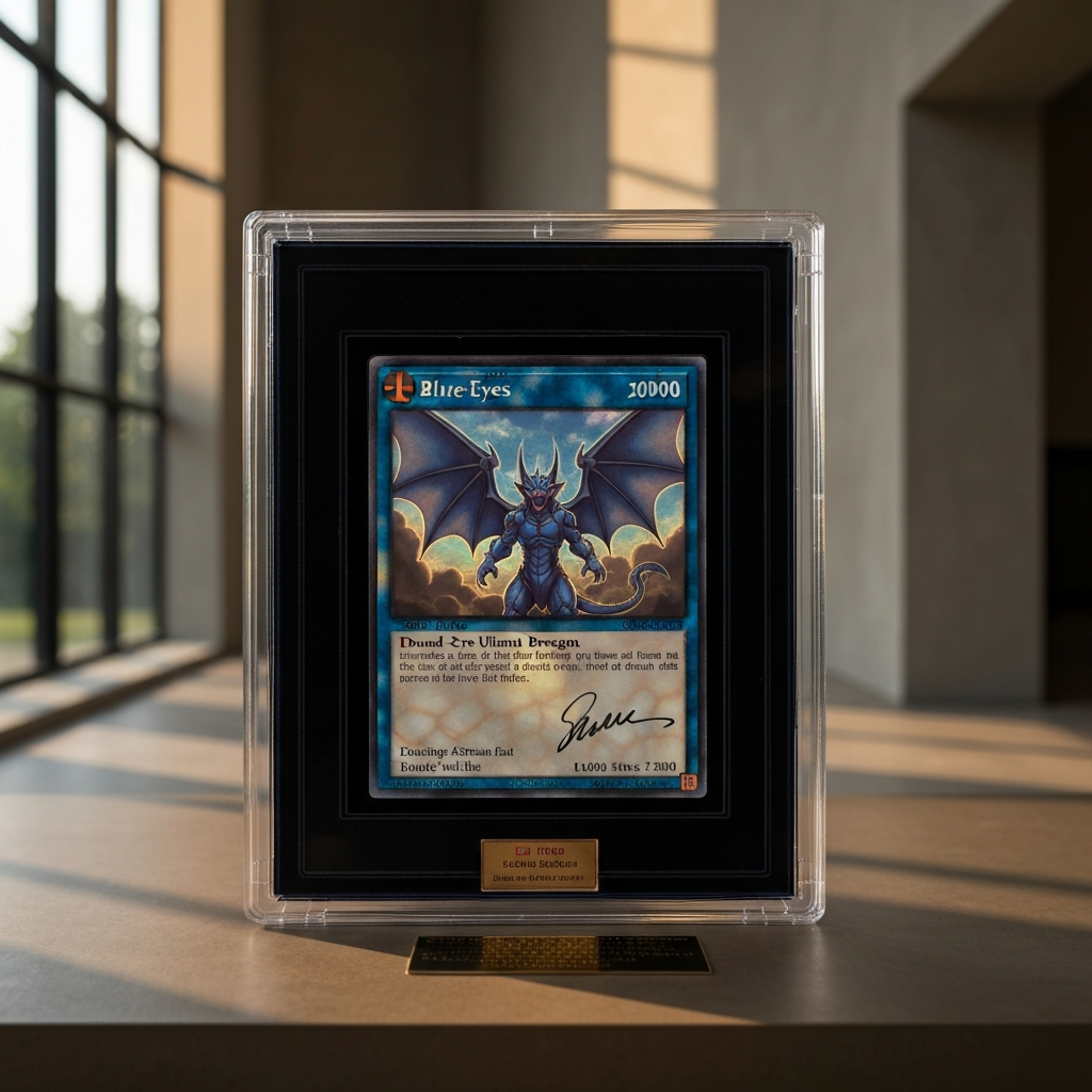 A well-lit display case containing a graded Blue-Eyes Ultimate Dragon card. Soft golden hour lighting highlights the holographic foil and the encased signature. A small plaque beneath the card provides details about its provenance.