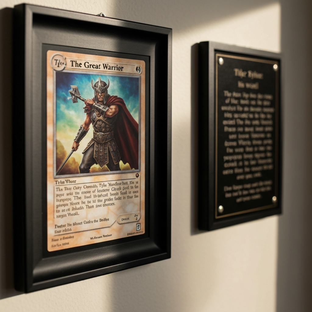 A soft-focused photo of a professionally framed "Tyler The Great Warrior" card hanging on a wall. Beside it is a smaller, tastefully designed plaque briefly recounting the story of Tyler and his wish.