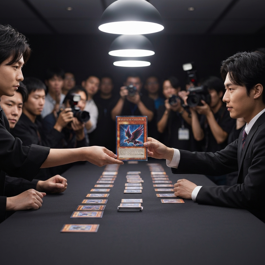 A panning shot across a long table at a Yu-Gi-Oh! tournament. In the foreground, a judge hands over a Kaiser Eagle, The Heavens' Mandate card to the tournament winner. The background is filled with cheering players and flashing cameras.