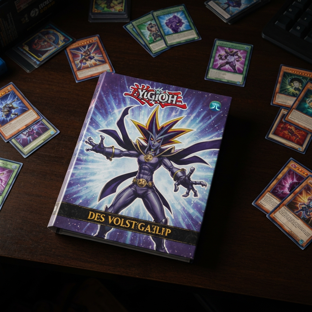 An overhead shot of a Yu-Gi-Oh! card binder, with Des Volstgalph displayed prominently. The binder rests on a dark wooden desk, surrounded by other Yu-Gi-Oh! cards and memorabilia, casting dramatic shadows.