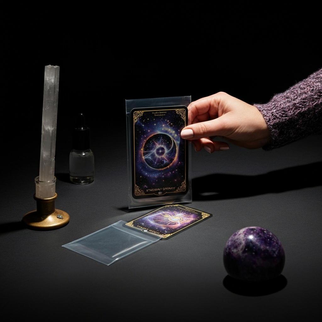 A hand gently placing a Stardust Divinity card into a protective sleeve. The sleeve is clear and shows the card clearly. The surrounding area is clean and professional, indicating care and expertise.