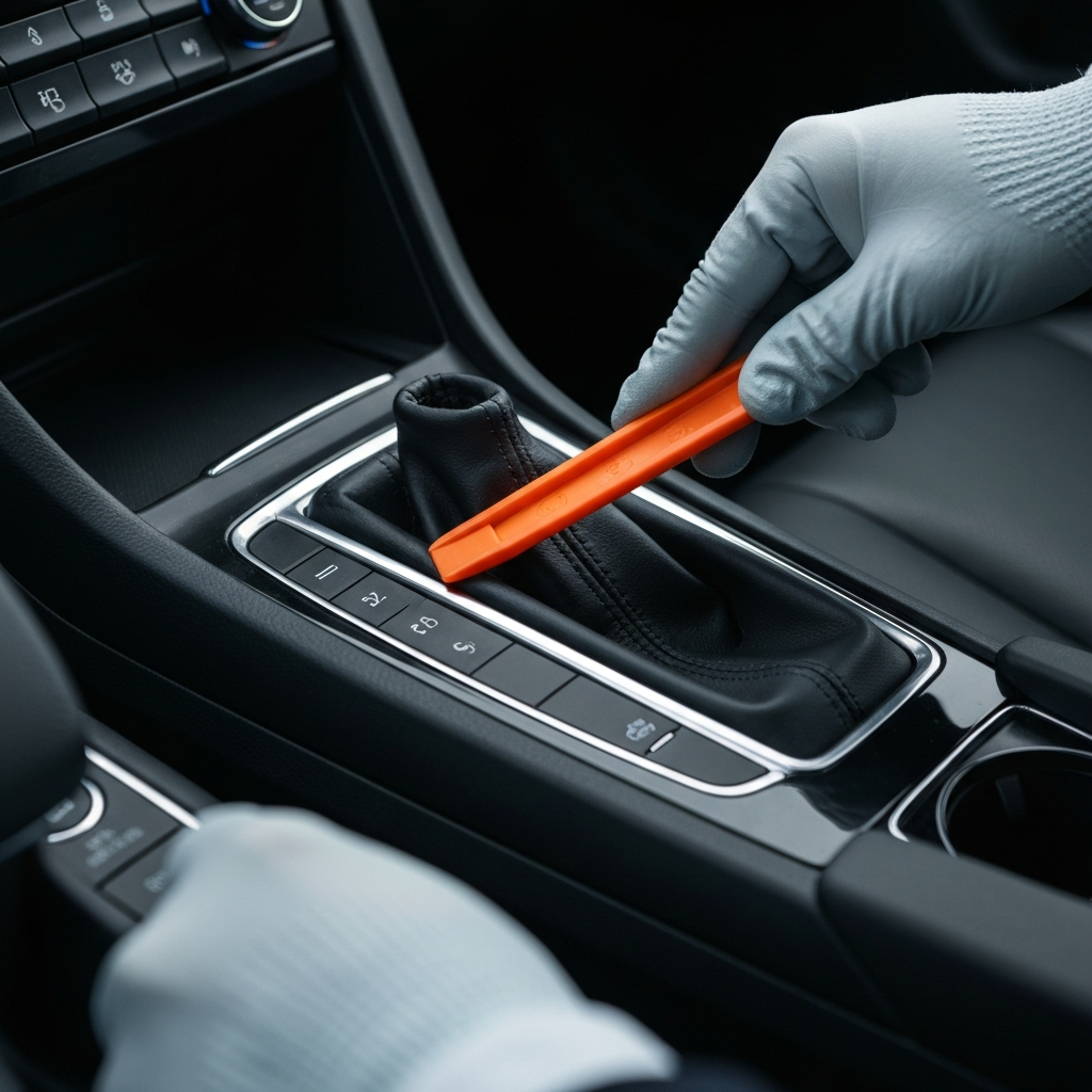 A gloved hand using a plastic trim removal tool to gently pry apart the shifter boot from the center console. The trim tool is bright orange, contrasting with the dark interior. Focus is on the pressure point.