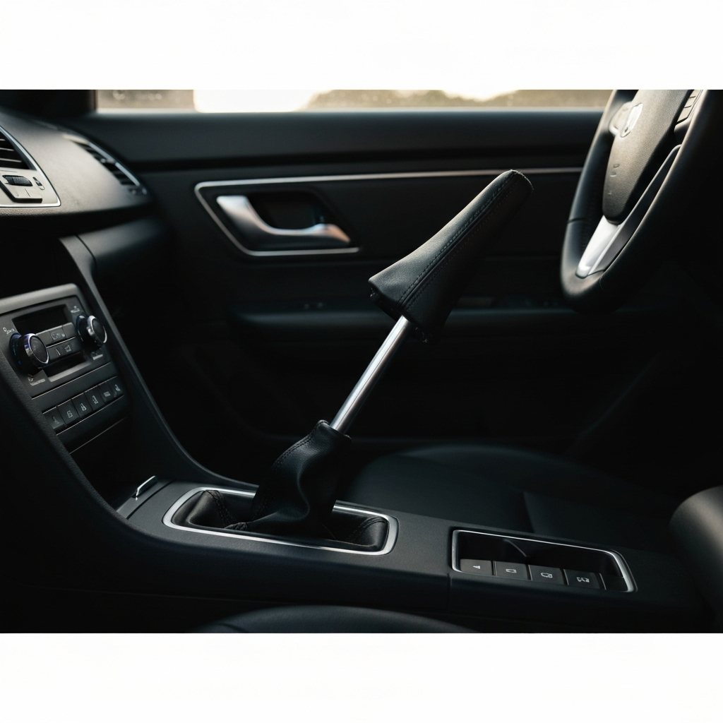 A side view of the center console. The shifter boot is partially lifted, exposing the metal shift rod underneath. Natural sunlight filters through the car window, casting soft shadows.