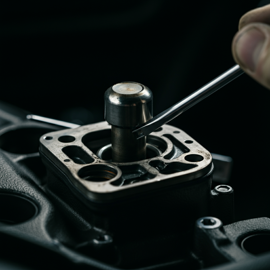 Close-up on the shifter rod and lever connection. A trim removal tool is positioned to release one of the retaining clips. The metal parts show signs of wear but are clean. A shallow depth of field blurs the background.