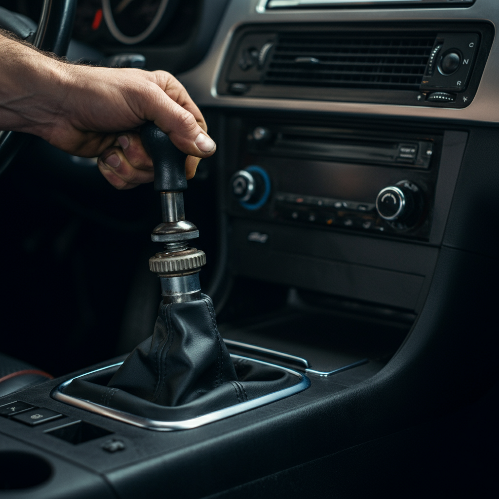 A mechanic's hand gripping the old shift lever, pulling upwards. The surrounding center console is visible, showing the exposed shift rod. The lighting is bright and even.