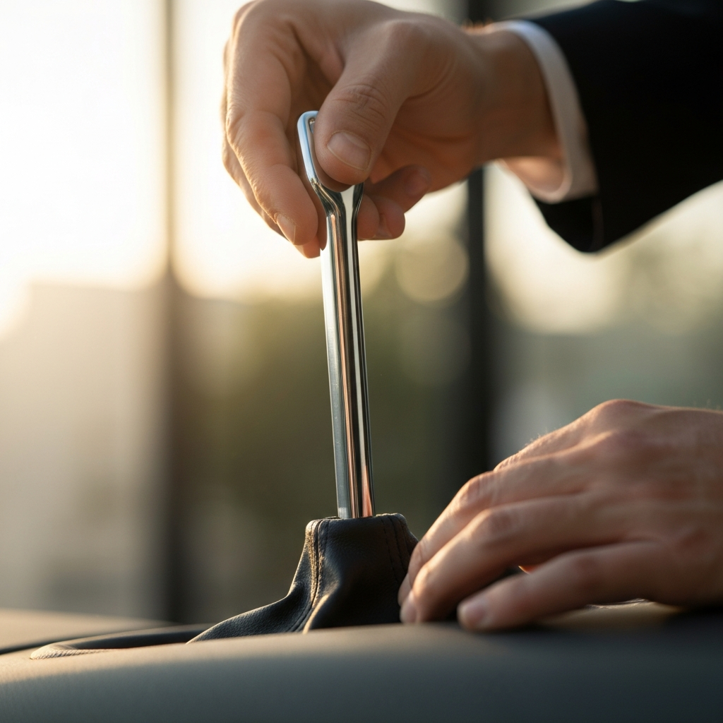 A new, chrome shift lever being carefully aligned with the shift rod. Soft bokeh in the background highlights the clean lines of the new shifter. Golden hour lighting creates a warm glow.