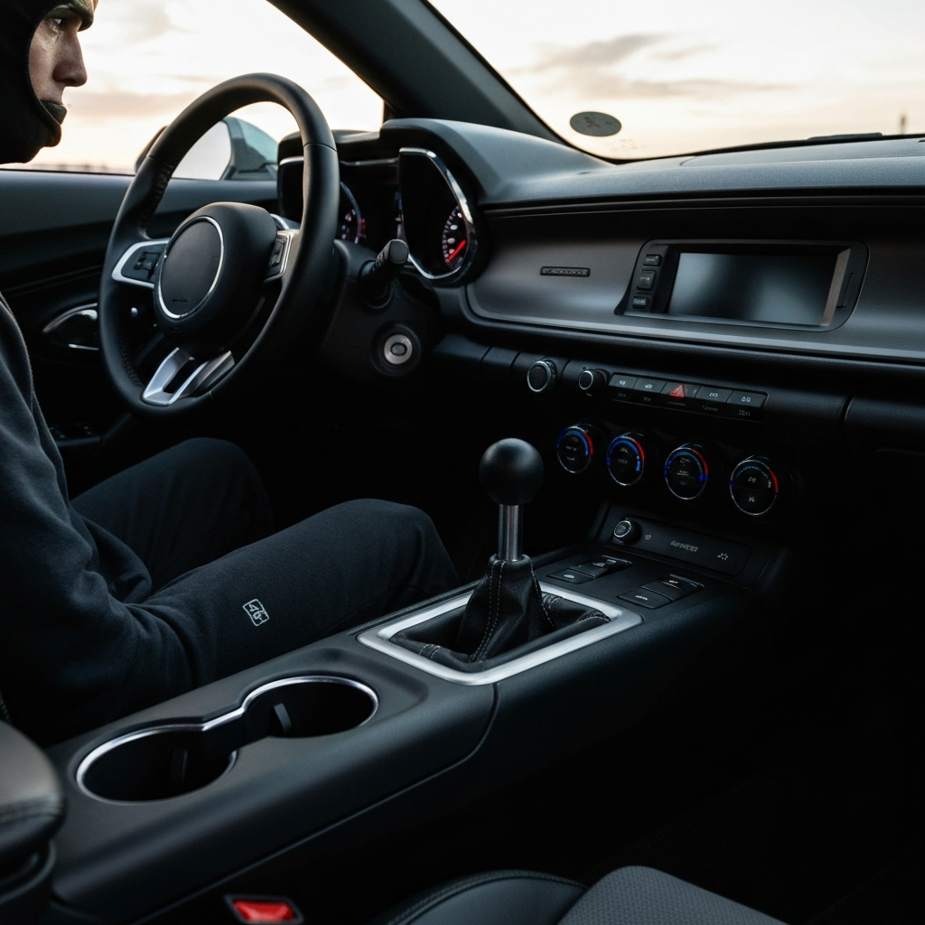 A wide shot of the Camaro's interior, showing the newly installed shift lever. The center console is clean and well-maintained. The steering wheel and dashboard are visible in the background, creating context.