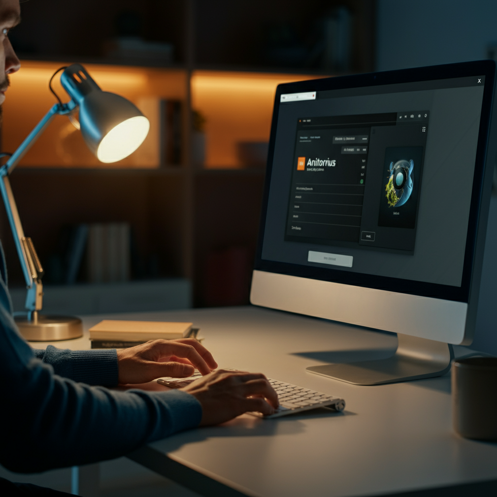 A brightly lit home office. A person is sitting at a desk, hands on the keyboard, looking at a monitor displaying an antivirus program interface. Soft bokeh blurs the background, showcasing a bookshelf and a desk lamp.