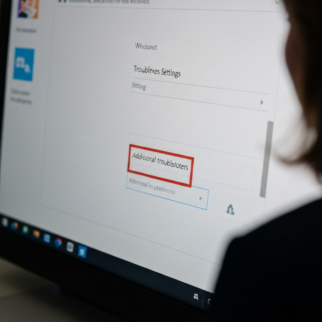 Close-up of a computer screen showing the Windows Troubleshoot settings panel. The "Additional troubleshooters" option is highlighted. Soft, even lighting on the screen.