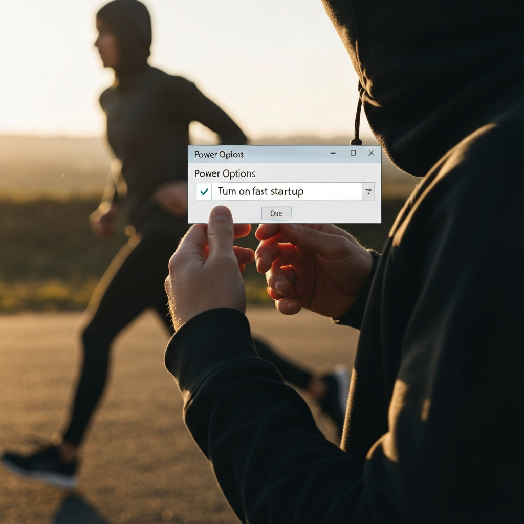 A person's hands are shown adjusting settings in the Windows Power Options control panel. The "Turn on fast startup" checkbox is clearly visible. Natural lighting, side-lit to show texture.