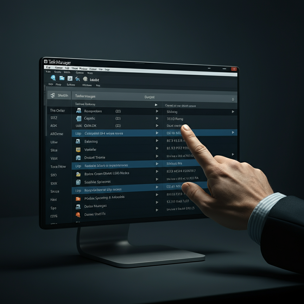 Task Manager window open on a desktop, showcasing a list of running applications and processes. A finger is hovering over the "End Task" button. Clean, professional office environment.