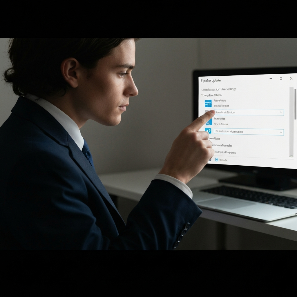 A person is shown interacting with the Windows Update settings panel. The screen displays update status and options for scheduling updates. Calm, focused atmosphere.