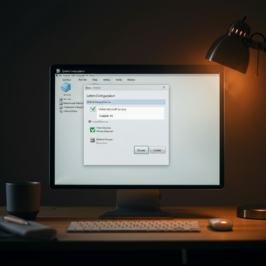 A desktop with the System Configuration window open, showcasing the "Services" tab. The "Hide all Microsoft services" checkbox is checked, and the "Disable all" button is highlighted. Professional-looking desk setup.