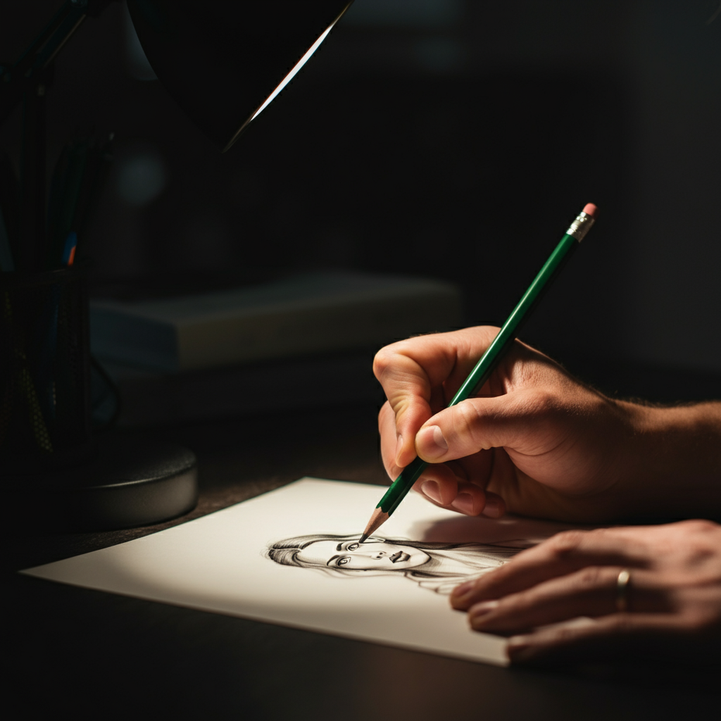 A hand sketching on a piece of paper with a pencil. The hand is holding the pencil at a slight angle, and the paper is illuminated by a desk lamp. The background is blurred, focusing attention on the hand and the sketch.