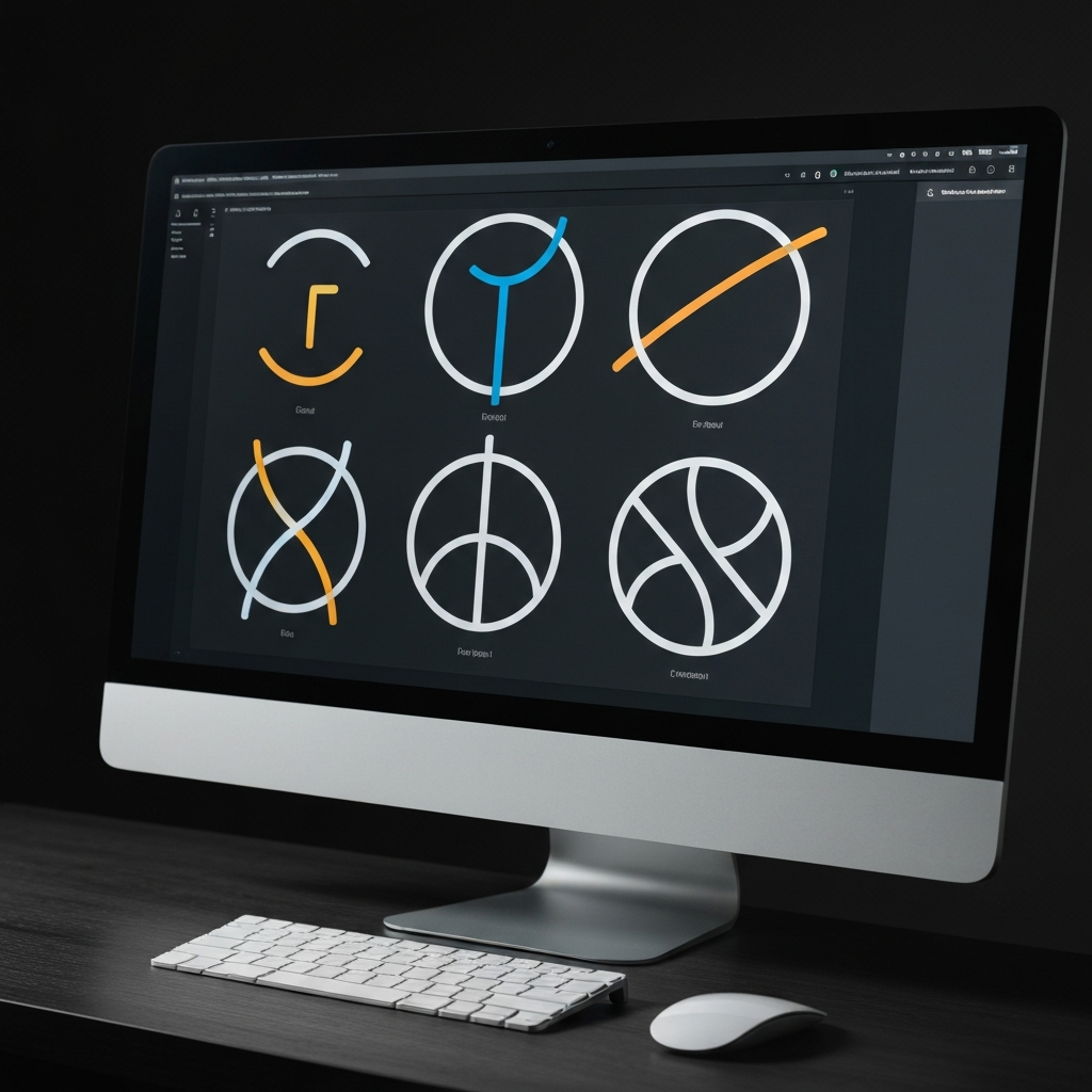 A digital illustration on a computer screen showing different iterations of a symbol being simplified and refined. The screen is well-lit, and the colors are vibrant and clean.