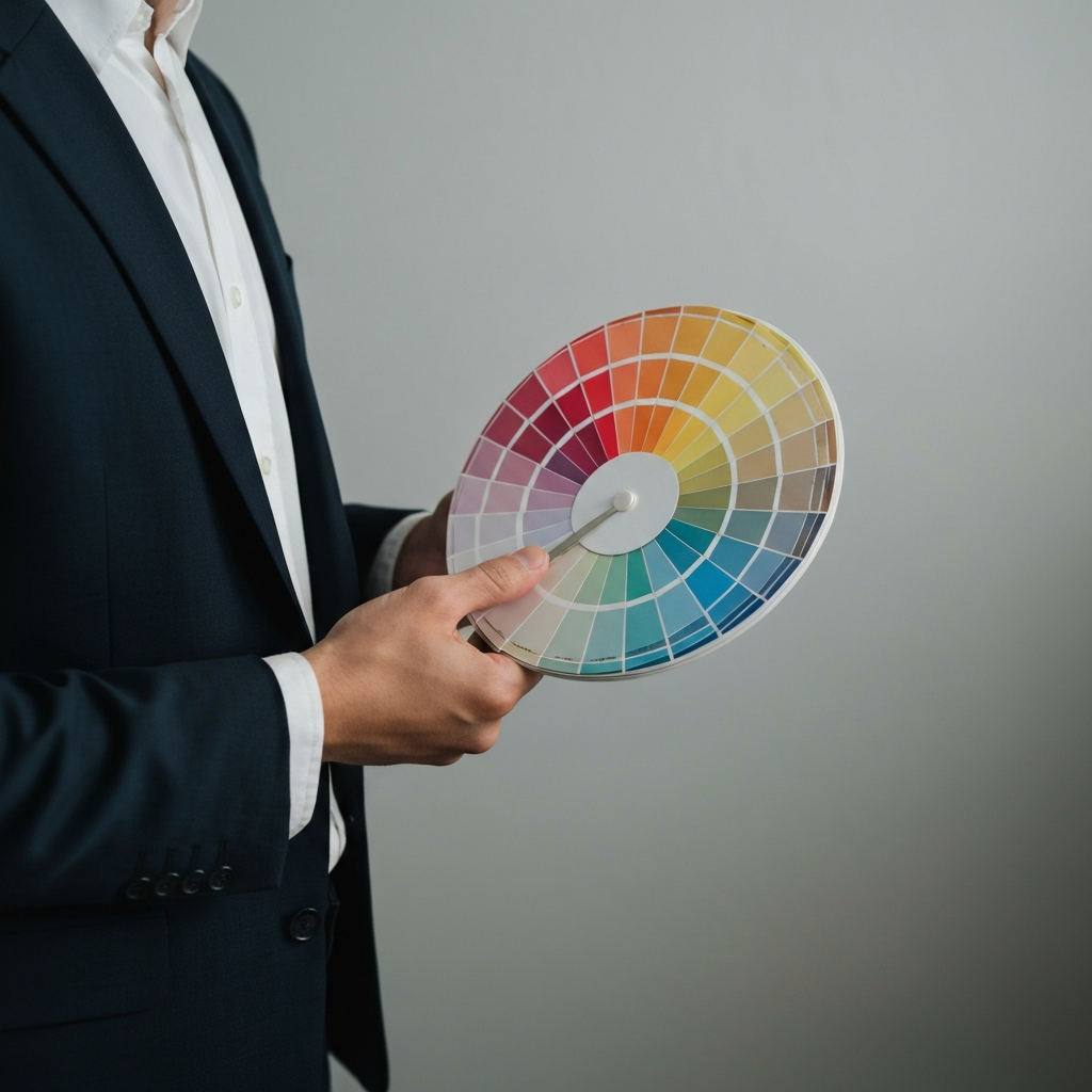 A hand holding a color wheel, showcasing various shades and hues. The lighting is soft and diffused, highlighting the color variations.