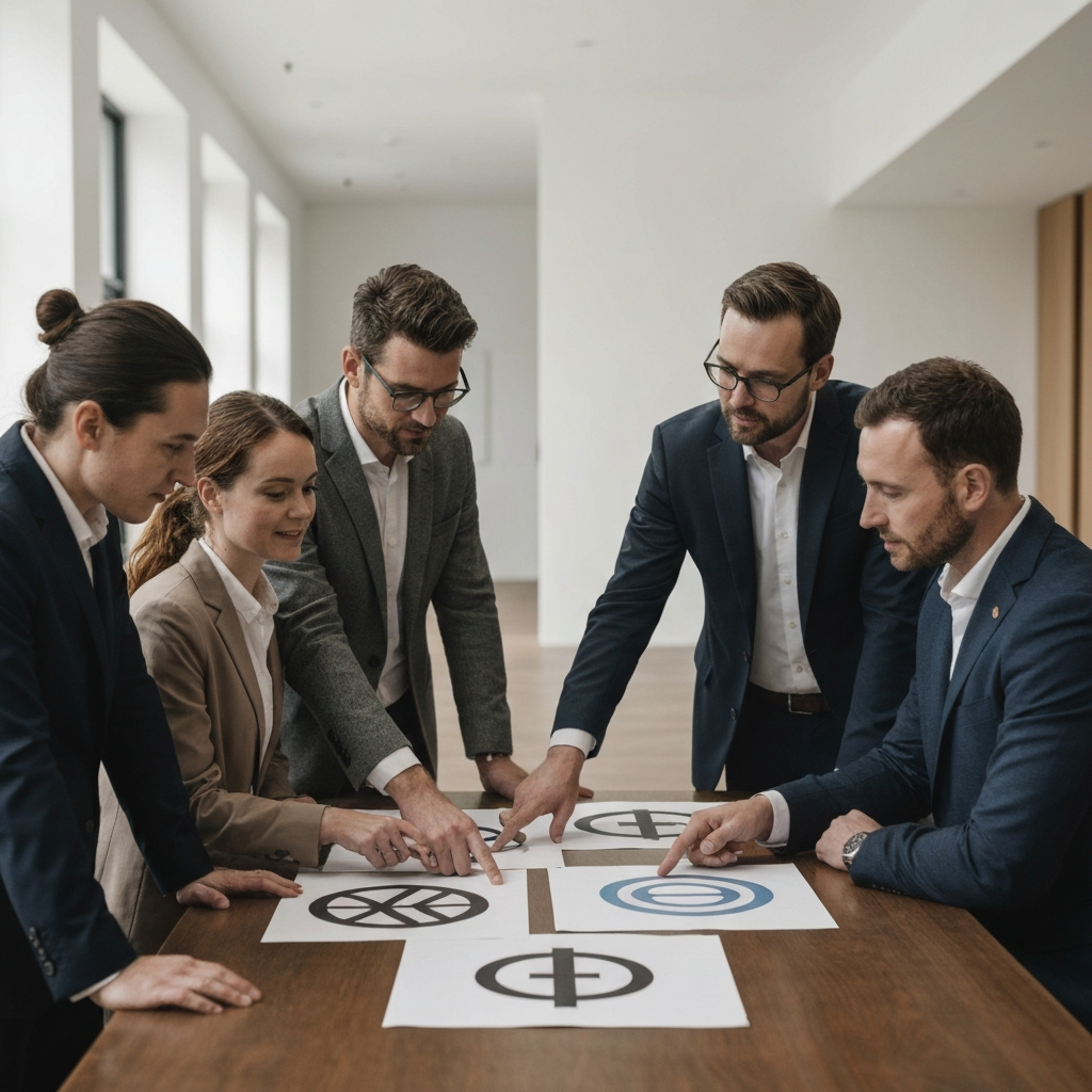 A group of people gathered around a table, looking at different versions of a symbol printed on paper. They are engaged in a discussion, pointing and gesturing towards the designs. The lighting is natural and collaborative.