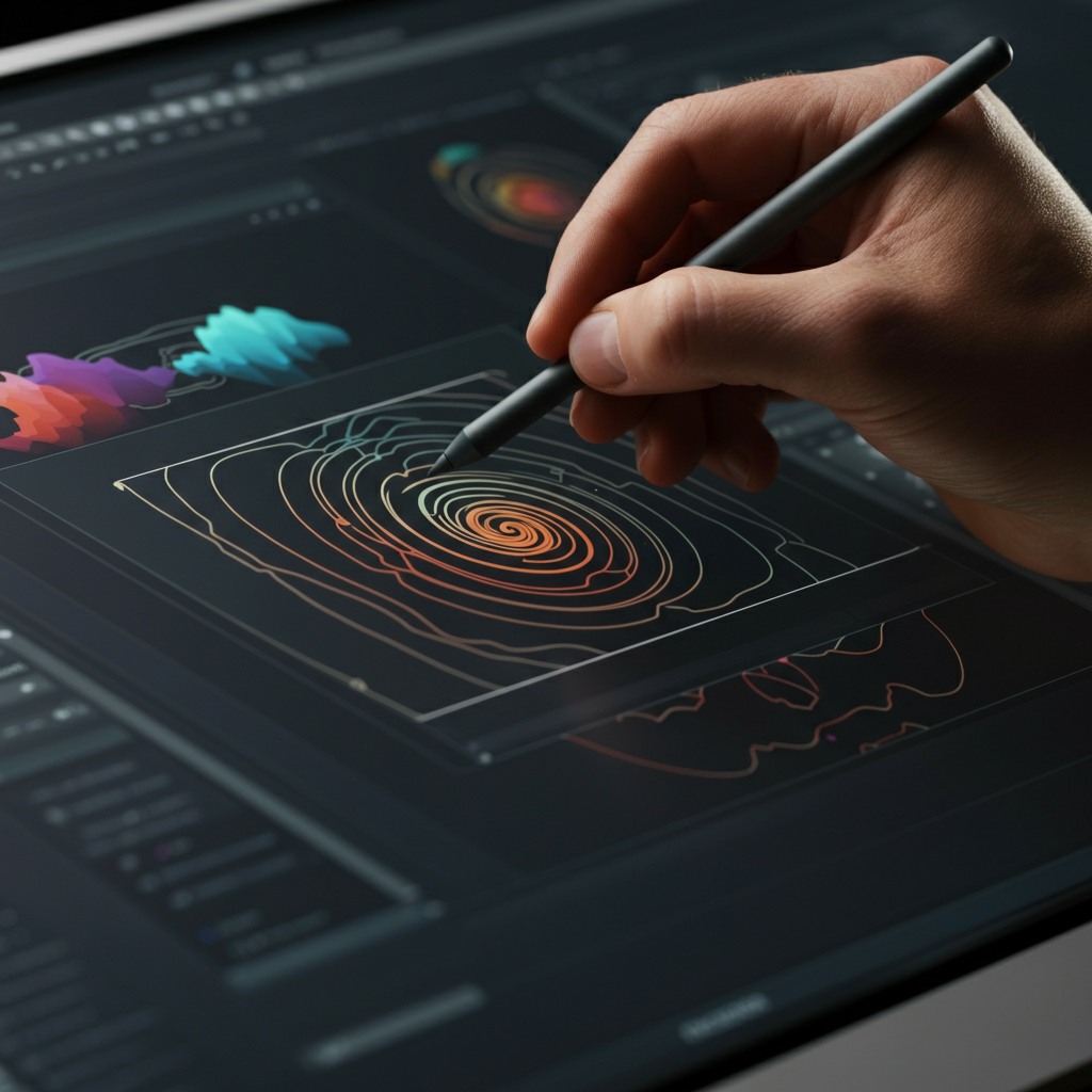 A close-up of a computer screen displaying a vector graphic design software interface. A hand is using a stylus to refine the curves and shapes of the symbol. The lighting is bright and even, highlighting the precision of the digital tools.