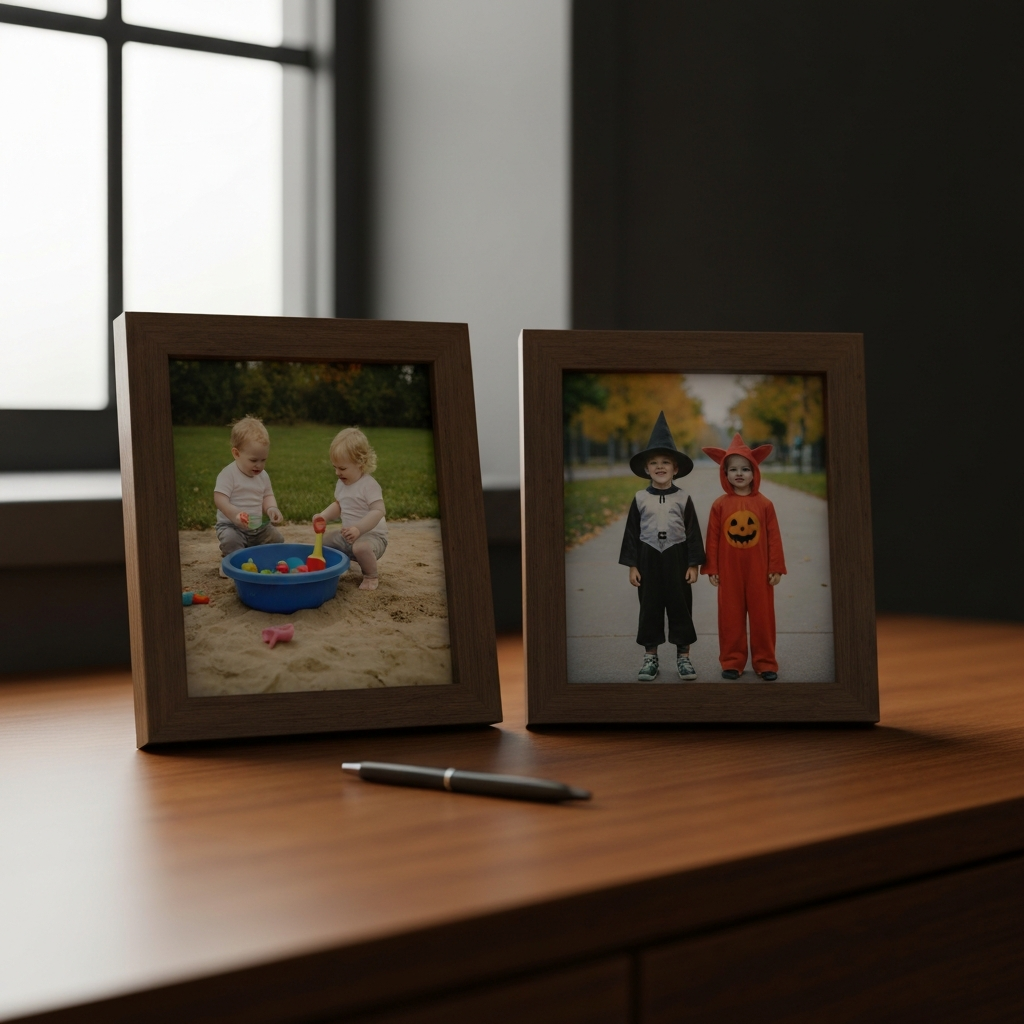 A close-up shot of two framed childhood photos side-by-side on a wooden desk, bathed in soft, diffused daylight coming from a nearby window. One photo shows two young children playing in a sandbox, the other shows them dressed in costumes for Halloween. A single pen rests beside the frames.