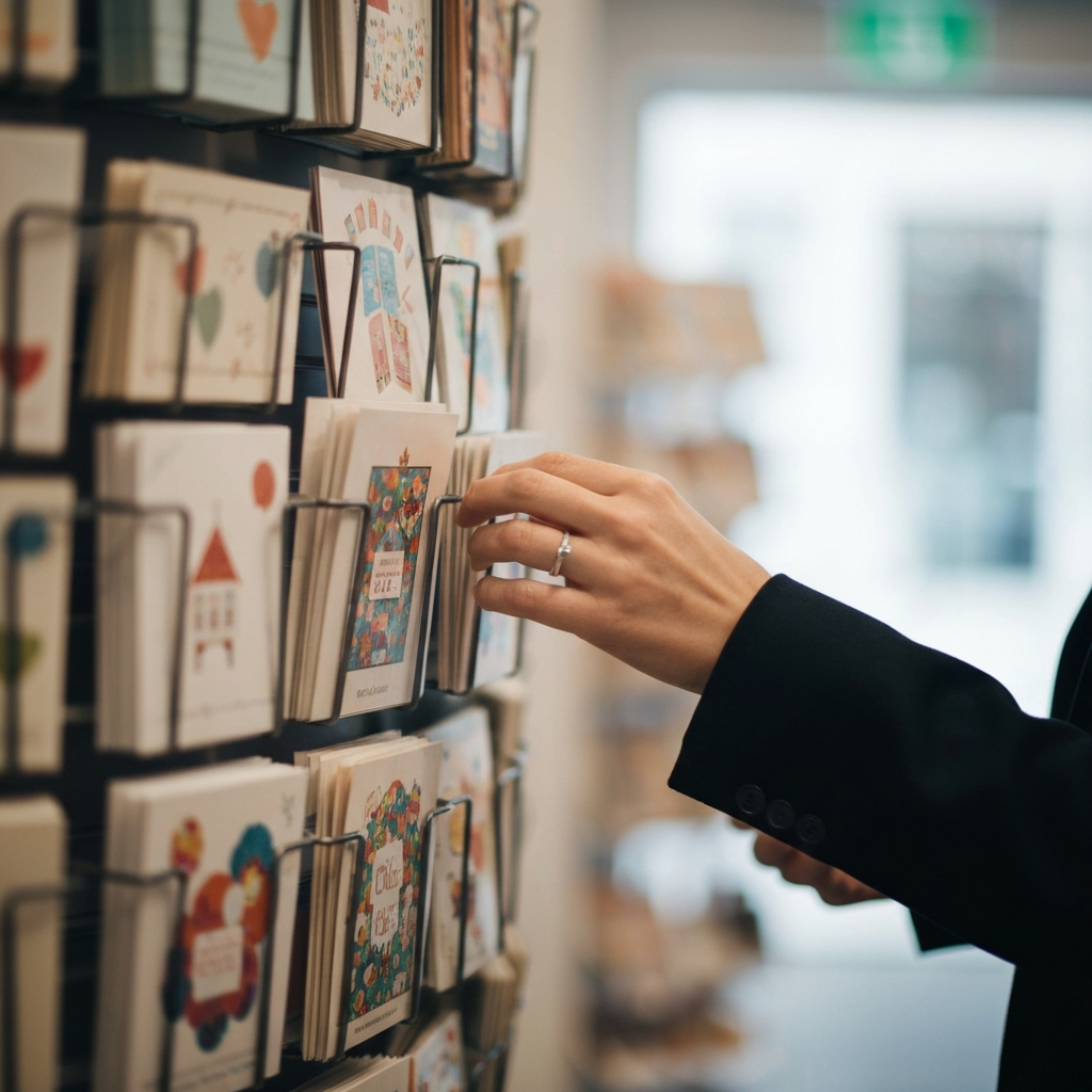 A hand selecting a colorful birthday card from a spinning rack inside a brightly lit card shop. Soft bokeh blurs the cards in the background. The hand is wearing a simple silver ring. Focus is on the texture of the card stock.
