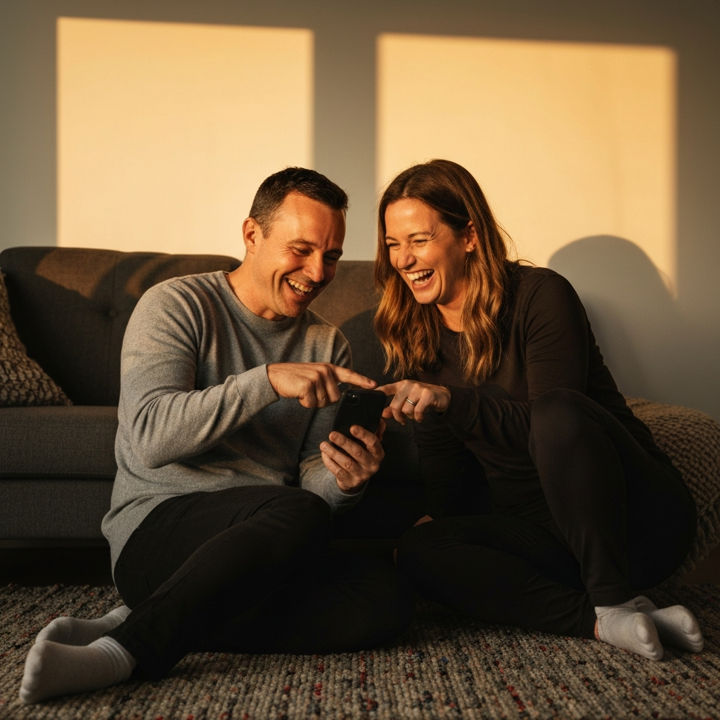 Two adults laughing together while looking at a smartphone. Golden hour lighting casts long shadows on the wall behind them. One adult points at the phone screen. The environment is a cozy living room with a textured rug.